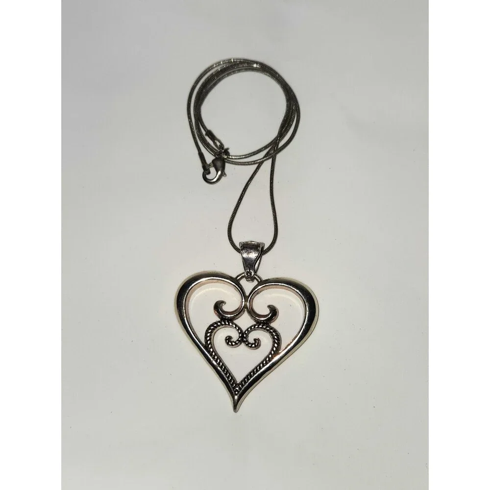 Heart Scroll Pendant Necklace Silver Tone Open Heart Filigree Style Snake Chain